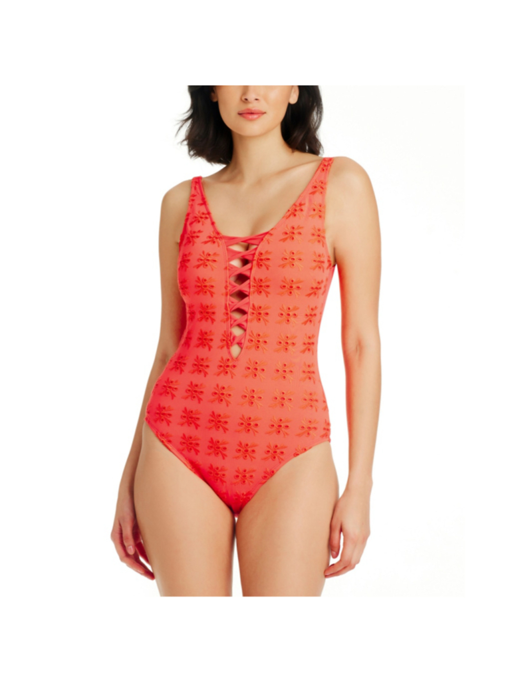 Bleu by Rod Beattie Women's Size 10 Eyelet Coral Orange One-Piece Swimsuit NWT